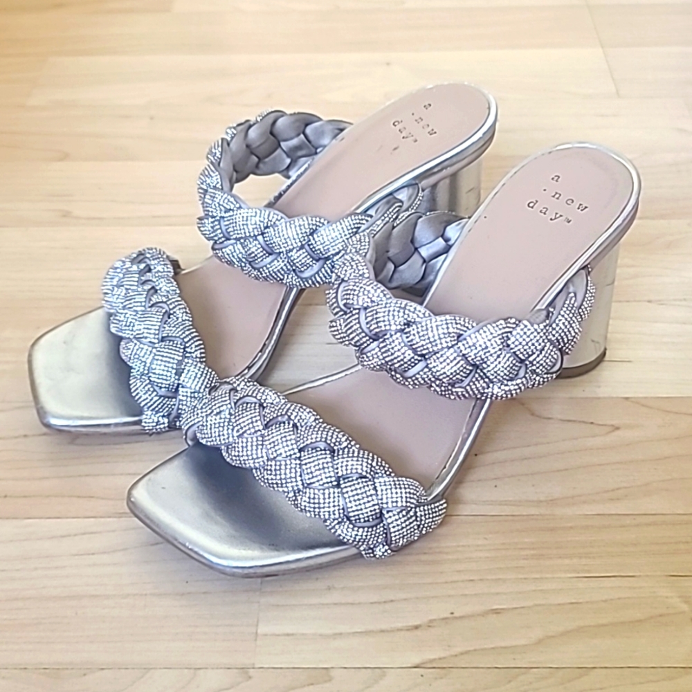 A New Day Silver Glitter Glam Square toe Mule Block Heels Size 6